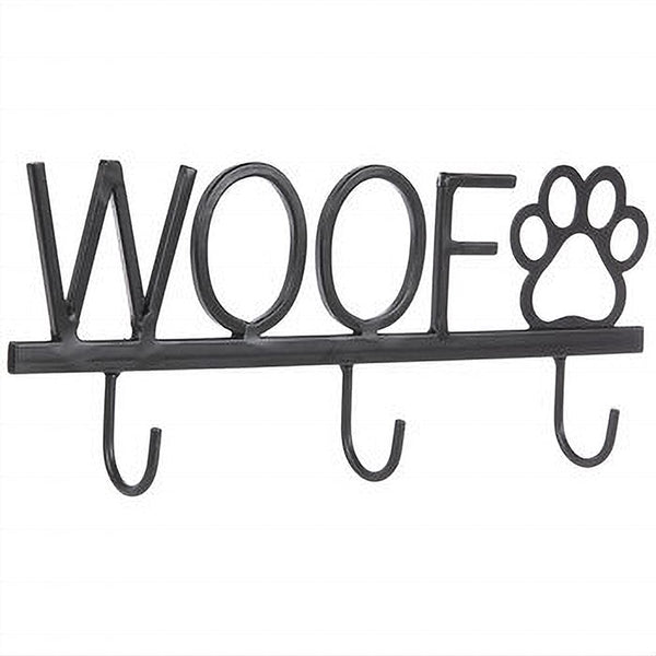 Gerson 10 inch Black Metal Dog Leash Holder Wall Hook with WOOF and Paw Print Home Pet Decor