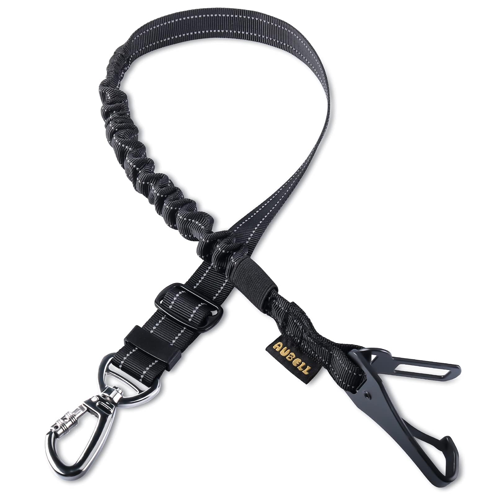 AUBELL Dog Seat Belt for Car,Updated 3-in-1 Adjustable Reflective Bungee Heavy Duty Dog Car Harness Tether with Clip Hook Latch & Buckle,Swivel Zinc Alloy Carabiner,Black