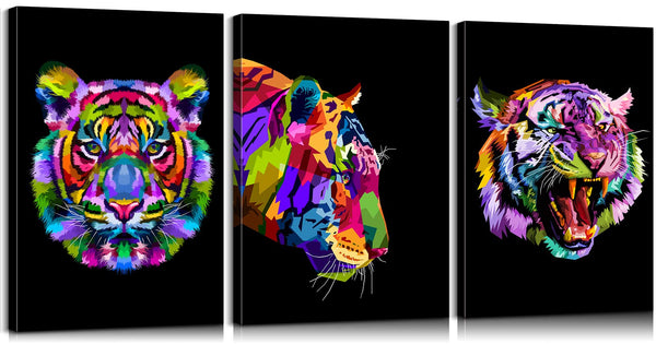 3 Pieces Pop Art Animal Wall Art - Tiger Poster & Canvas for Living Room & Bedroom Decor (12''Wx16''Hx3)