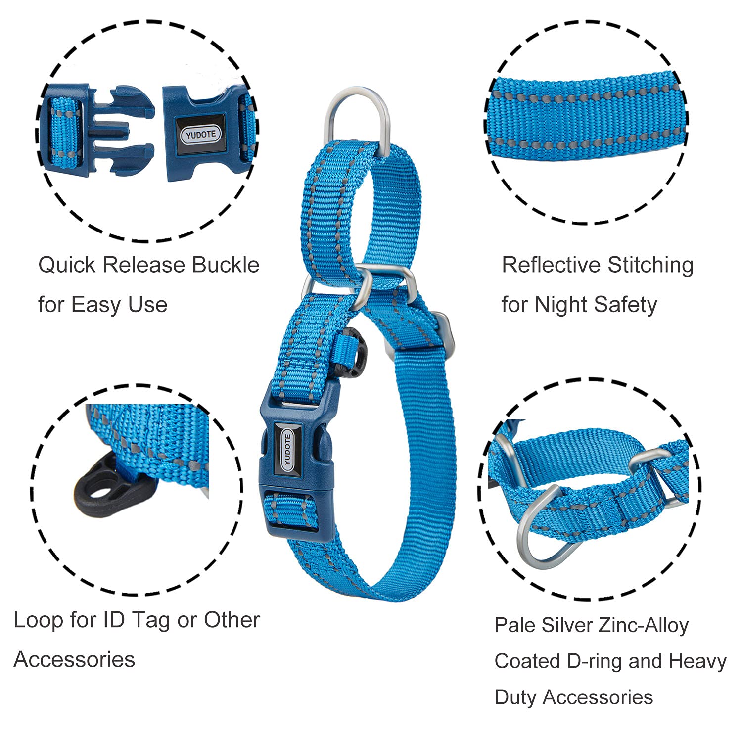 YUDOTE Reflective Martingale Collar for Dogs with Quick Snap Buckle Anti-Pull Nylon Safe Slip Collars for Easy Walking,Blue,Medium