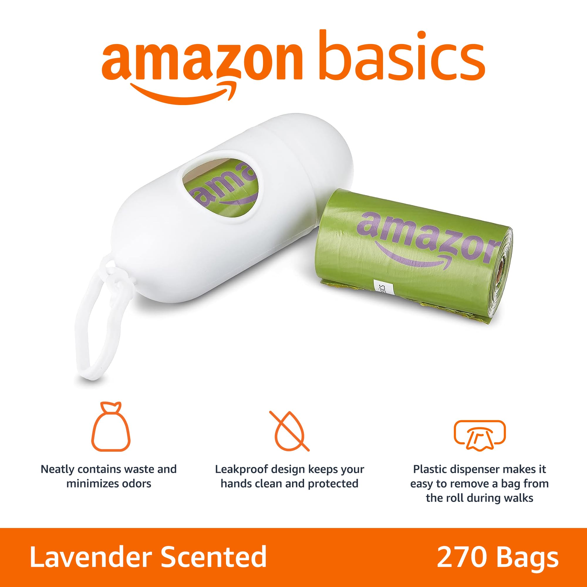Amazon Basics Premium Leak Proof Dog Poop Bags with Dispenser and Leash Clip, Lavender Scented, 13" x 9", 270 Count (18 Rolls of 15)
