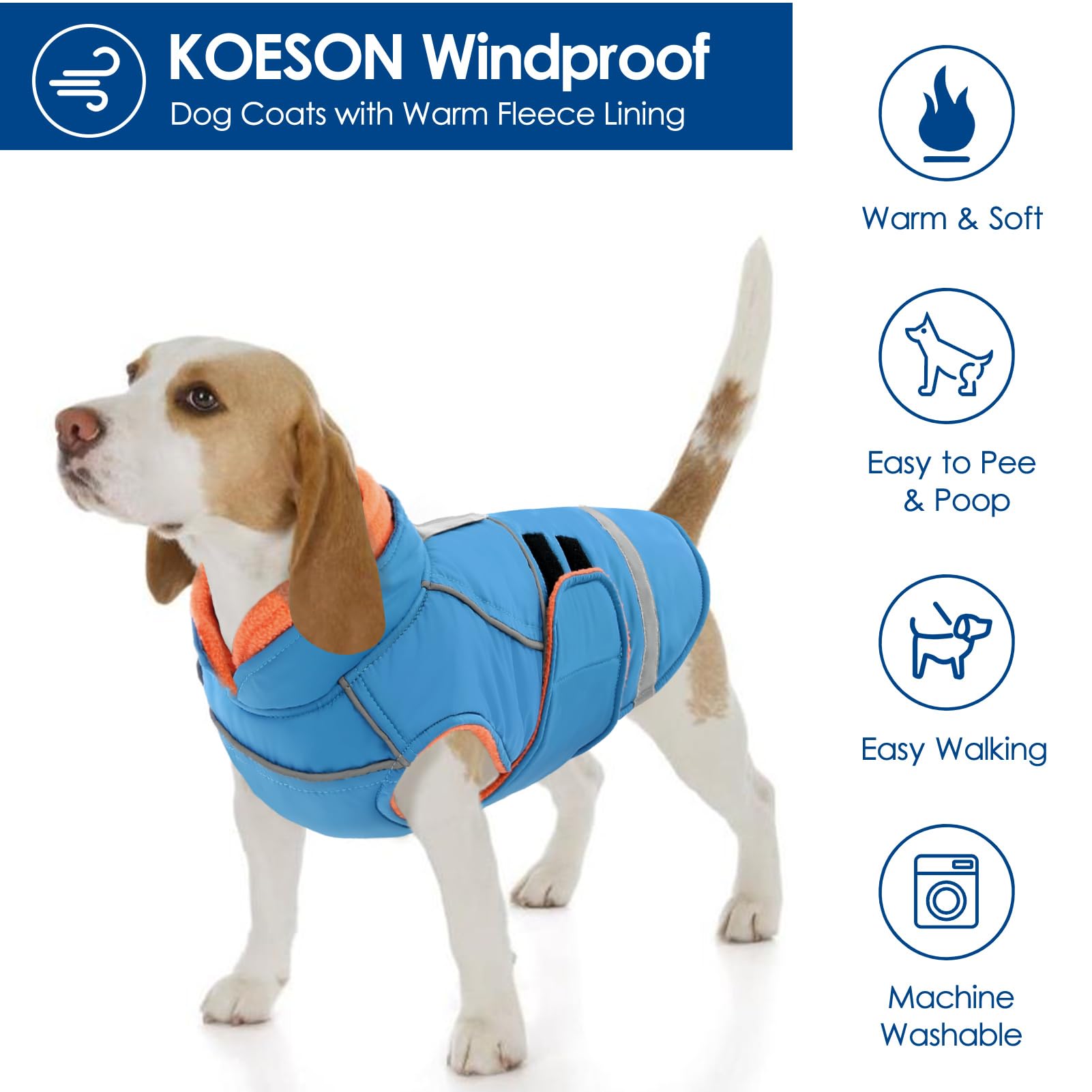 KOESON Dog Coat, Warm Dog Winter Coat with Fleece Lining, Windproof Cold Weather Coats for Labrador Retriever, German Shepherd, Reflective & Waterproof Pet Snow Jacket with Leash Hole, Turquoise XL
