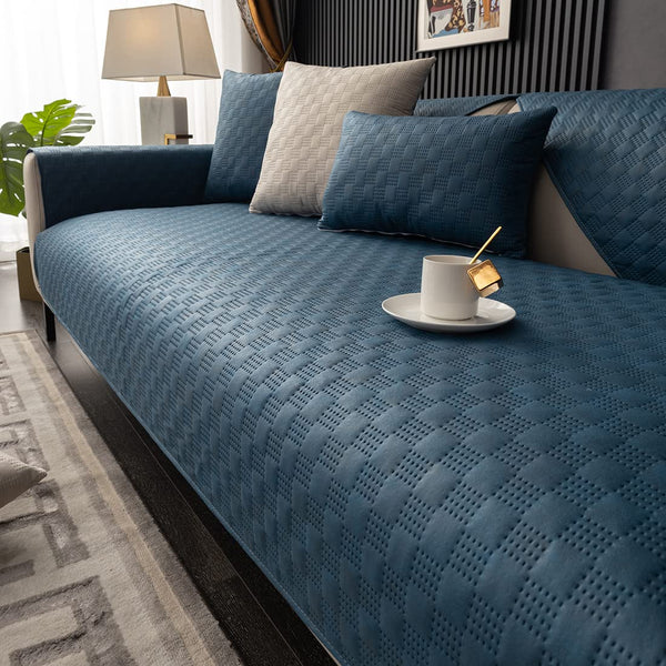 vctops Luxury Water Resistant Quilted Sofa Cover Faux Suede Plaid Sectional Couch Cover Anti-Slip Sofa Slipcover for Dogs, Children, Pets Furniture Protector (Dark Blue,36"x36")