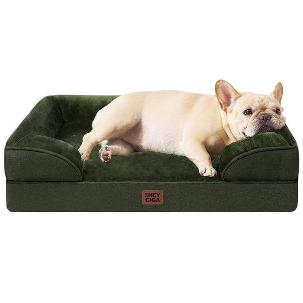 EHEYCIGA Orthopedic Dog Bed for Small Dogs, Waterproof Memory Foam Small Dog Beds with Sides, Non-Slip Bottom and Egg-Crate Foam Medium Pet Couch Bed with Washable Removable Cover, Dark Green