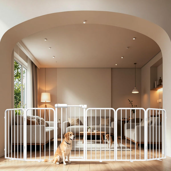 WAOWAO Heavy-duty Freetanding Dog Gate with Door, 106"Extra Wide 30"Tall Metal Puppy Pet Gate for Indoor, Foldable Gate for Doorways, Stairs, Hallways, House, Free Standing /Wall Mounted Gate 6 Panels