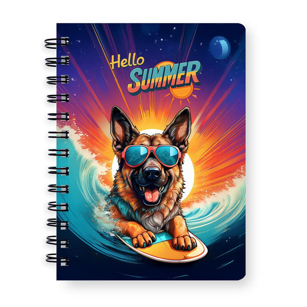 Ninety3POD Retro Surfing German Shepherd in Cool Sunglasses Hello Summer Waves Spiral Bound Journal Alsatian Dog Lover Gifts 5x7in Spiral Notebook 001