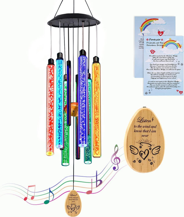Noillow Solar Pet Memorial Wind Chime, Dog Memorial Gifts for Loss of Dog, Rainbow Bridge Pet Memorial Gifts, Loss of Dog Sympathy Gift, in Memory of Dog, 6 LED Tubes Color Changing Rainbow, 33 Inches