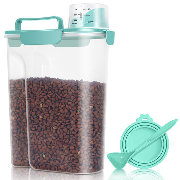 Pet Dog Cat Food Storage Container 5 to 7 lbs with Can Cover and Mixing Spoon, Airtight Travel Pet Food Storage Dispenser with Easy-pouring Spout & Cup, Kibble Dog Treat Bird Seed Container -Cyan