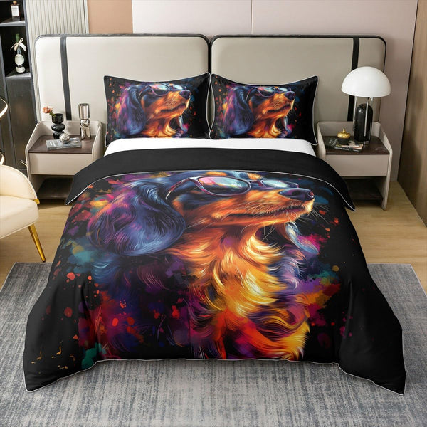 Manfei Cool Dog Bedding Set Boys Girls Hippie Graffiti Painting Duvet Cover Watercolor Dachshund Artwork Comforter Cover Kids Bedroom Decor 3Pcs Full 100% Cotton,No Comforter