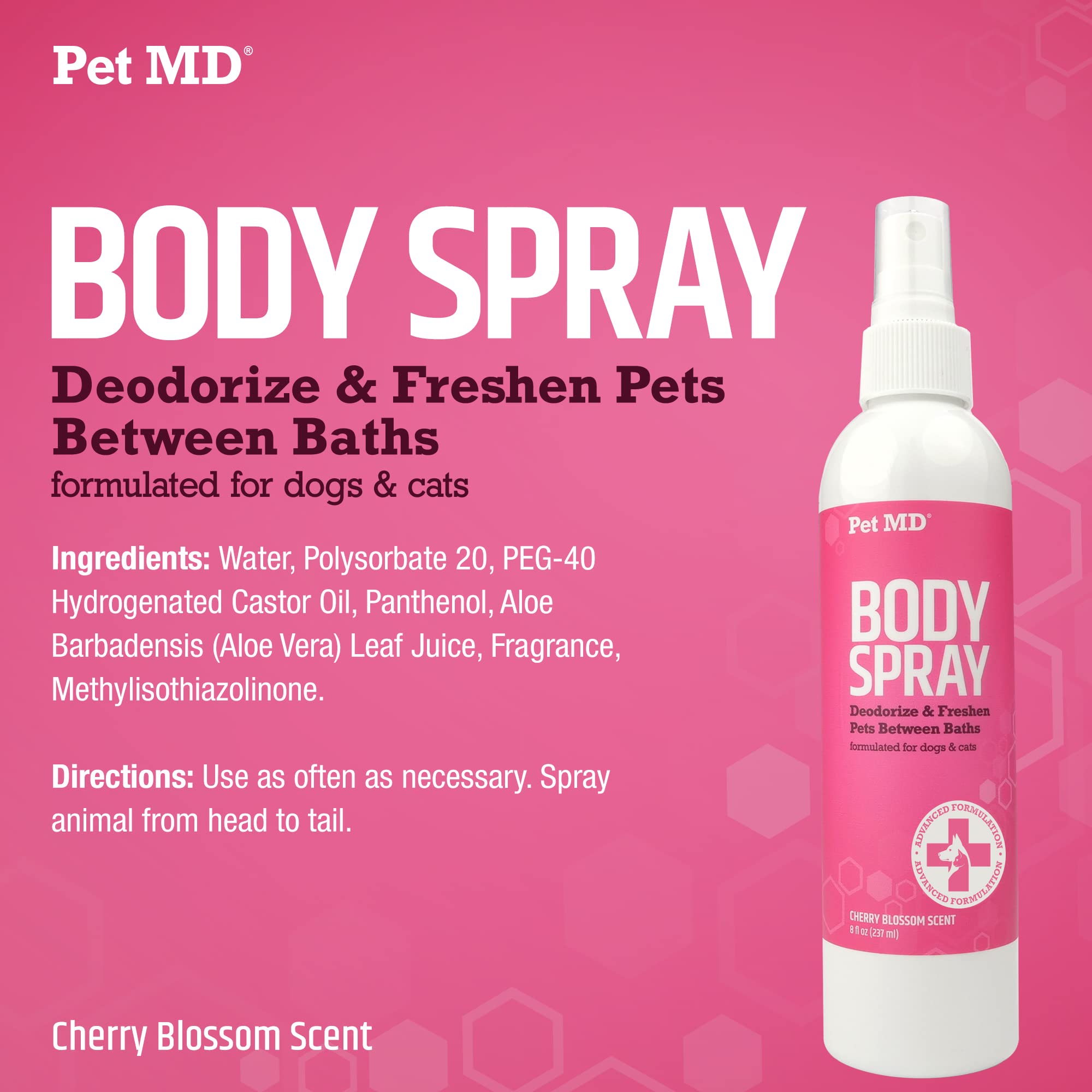 Pet MD Body Spray for Dogs & Cats, Deodorizing Dog Perfume Reduces Static & Eliminates Odor - Long-Lasting Pet Cologne Spray for Dogs - Cherry Blossom