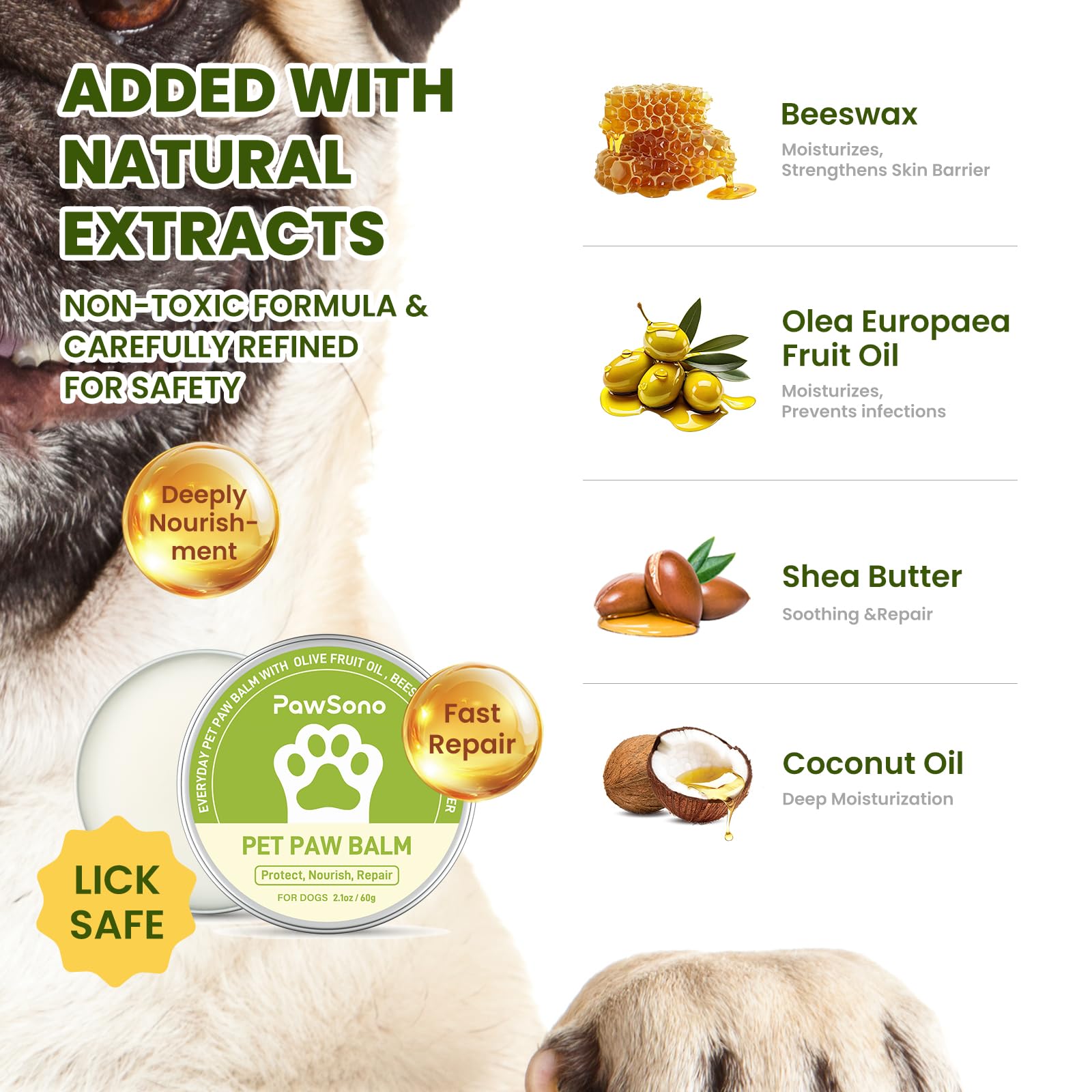 PawSono Lick-Safe Dog Paw Balm for Paws & Nose, All-Natural Paw Pad Moisturizer for Dogs & Cats, Paw Butter Helps Soothe Dry, Cracked Paws, Protects from Snow, Ice Melt & Hot Pavement, 1Pack | 2.1 oz