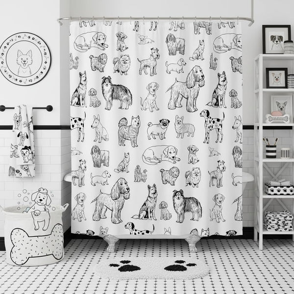 Homewish Cartoon Dog Shower Curtain Black White Dog Puppy Sketch Bathroom Curtains for Kids Girls Boys Adult Room Decor Cute Pet Animals Waterproof Quick Dry Fabric,12 Hooks,72" Wx72 L