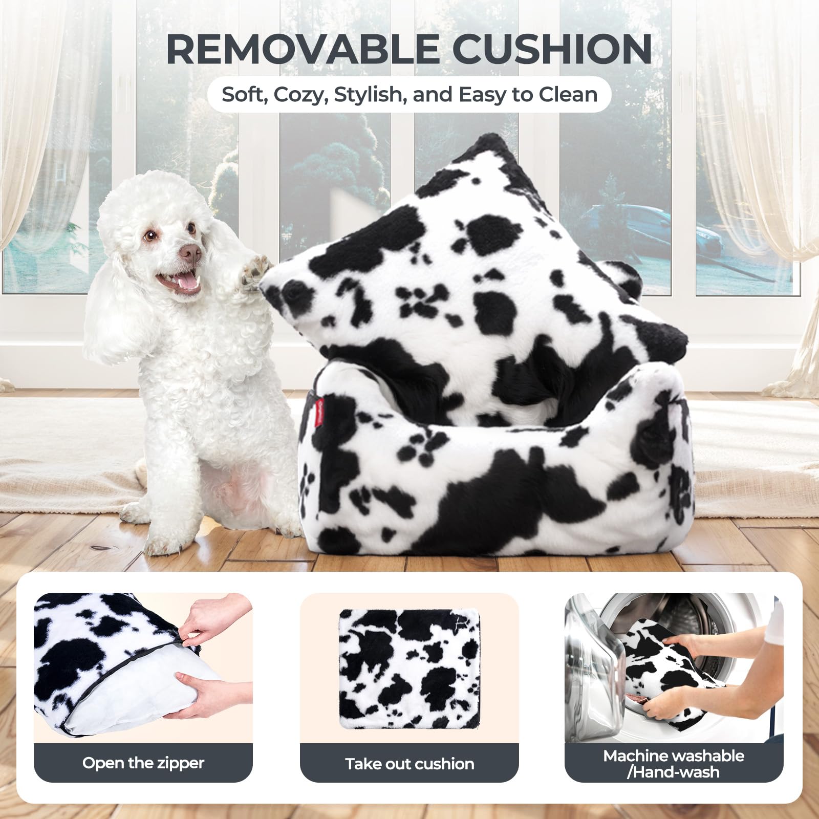 BurgeonNest Dog Car Seat for Small Dogs, Detachable and Washable Cat Carseats Under 25 lbs, Soft Pet Booster Seats with Storage Pockets and Clip-On Leash Portable Car Travel Carrier Bed, Milk Cow