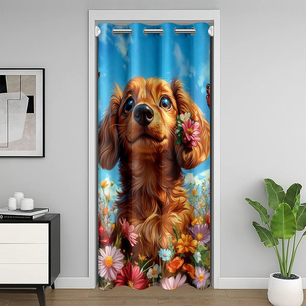Manfei Cute Dog Door Curtain for Doorway Privacy,Spring Flowers Colorful Sliding Closet Door Curtains Lovely Puppy Rustic Privacy Curtain Cover for Room Divider Not Blackout Curtain,W52 X L84