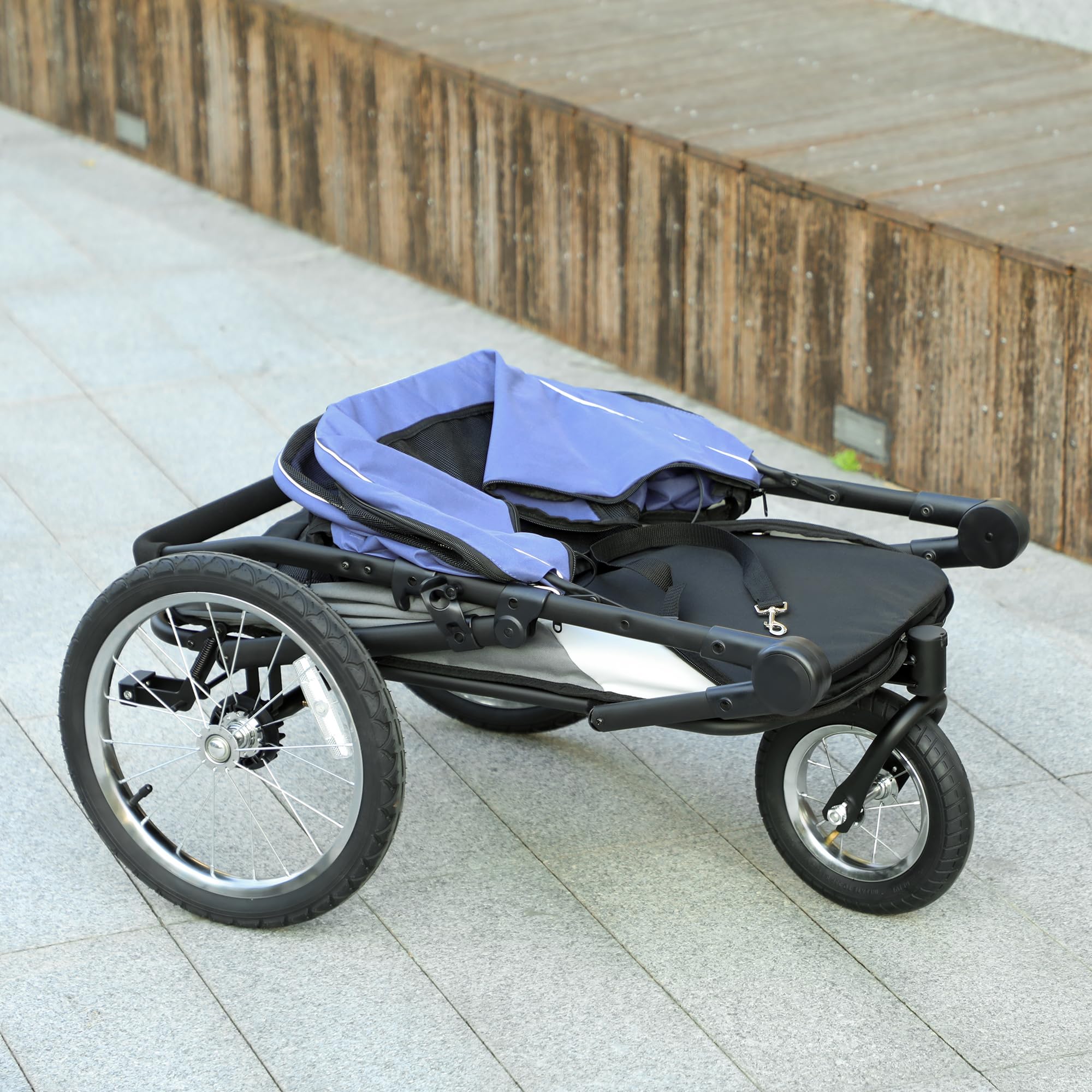 PawHut Dog Stroller, Pet Stroller 3 Wheels with Easy One-Hand Fold, Rubber Wheels, Storage Bag, Soft Cushion, Safety Leash, for Small & Medium Dogs, Blue