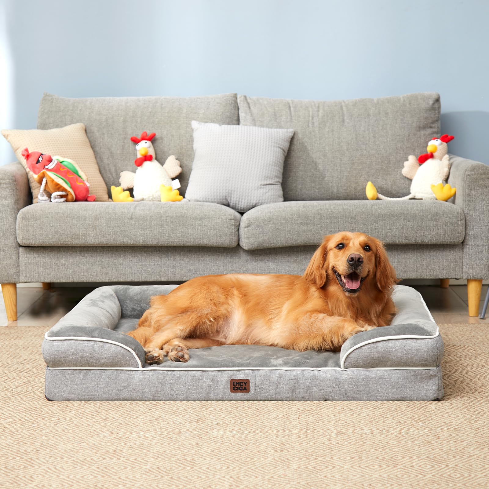 EHEYCIGA Orthopedic Dog Beds for Extra Large Dogs 44x32Inch, Waterproof Memory Foam XL Pet Bed with Sides, Non-Slip and Egg-Crate Foam Big Dog Couch Bed with Washable Removable Cover, Grey