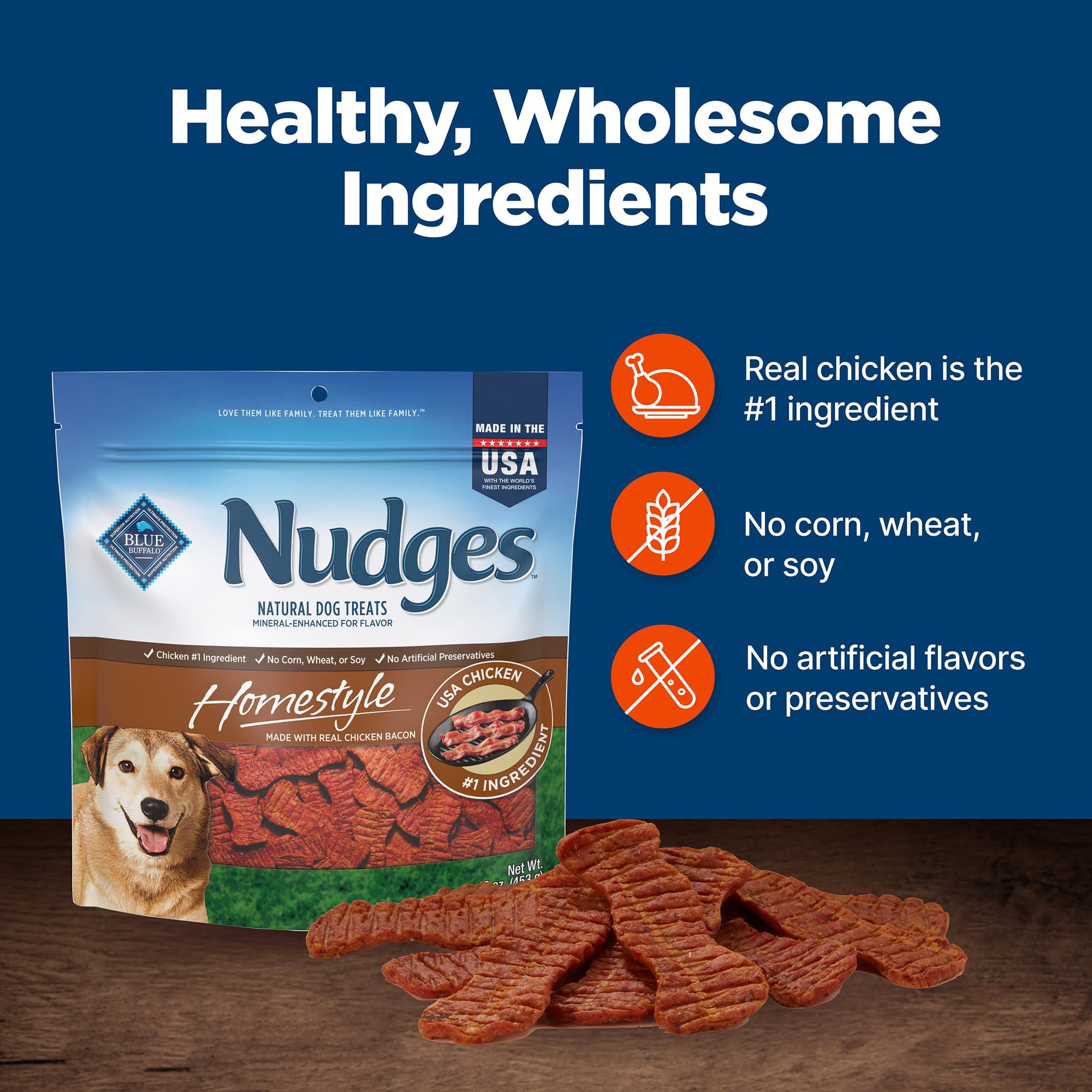 Blue Buffalo Nudges Homestyle Natural Dog Treats Chicken and Bacon, 16-oz Bag