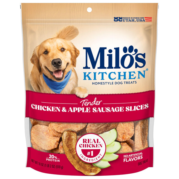 Milo’s Kitchen Chicken & Apple Sausage Slices Dog Treats, 18 Oz. Bag