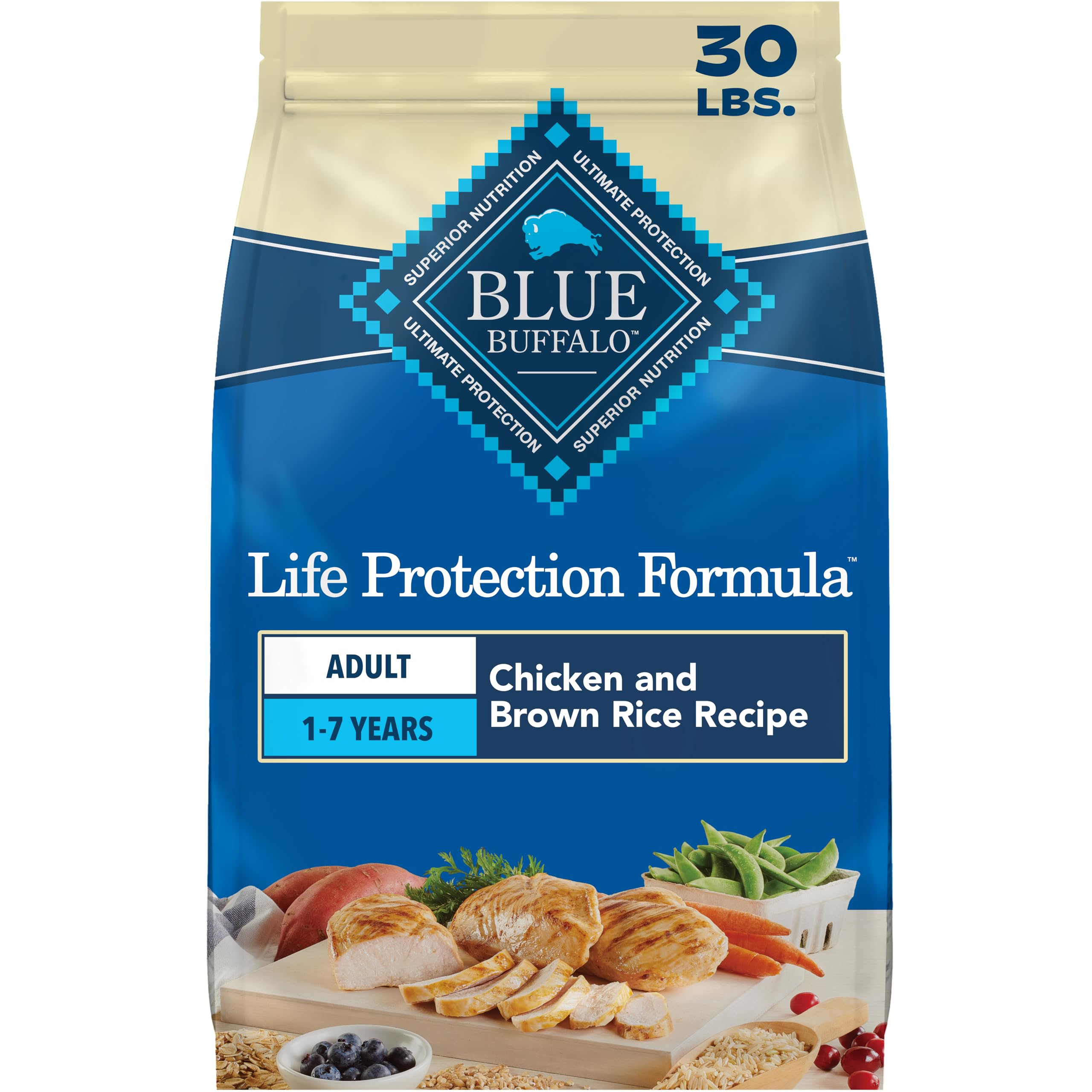 Blue Buffalo Life Protection Formula Chicken & Brown Rice Adult Dry Dog Food, Supports Immunity with Antioxidant-Rich LifeSource Bits, Promotes Healthy Muscle Development, Skin & Coat Health, 30 lbs.