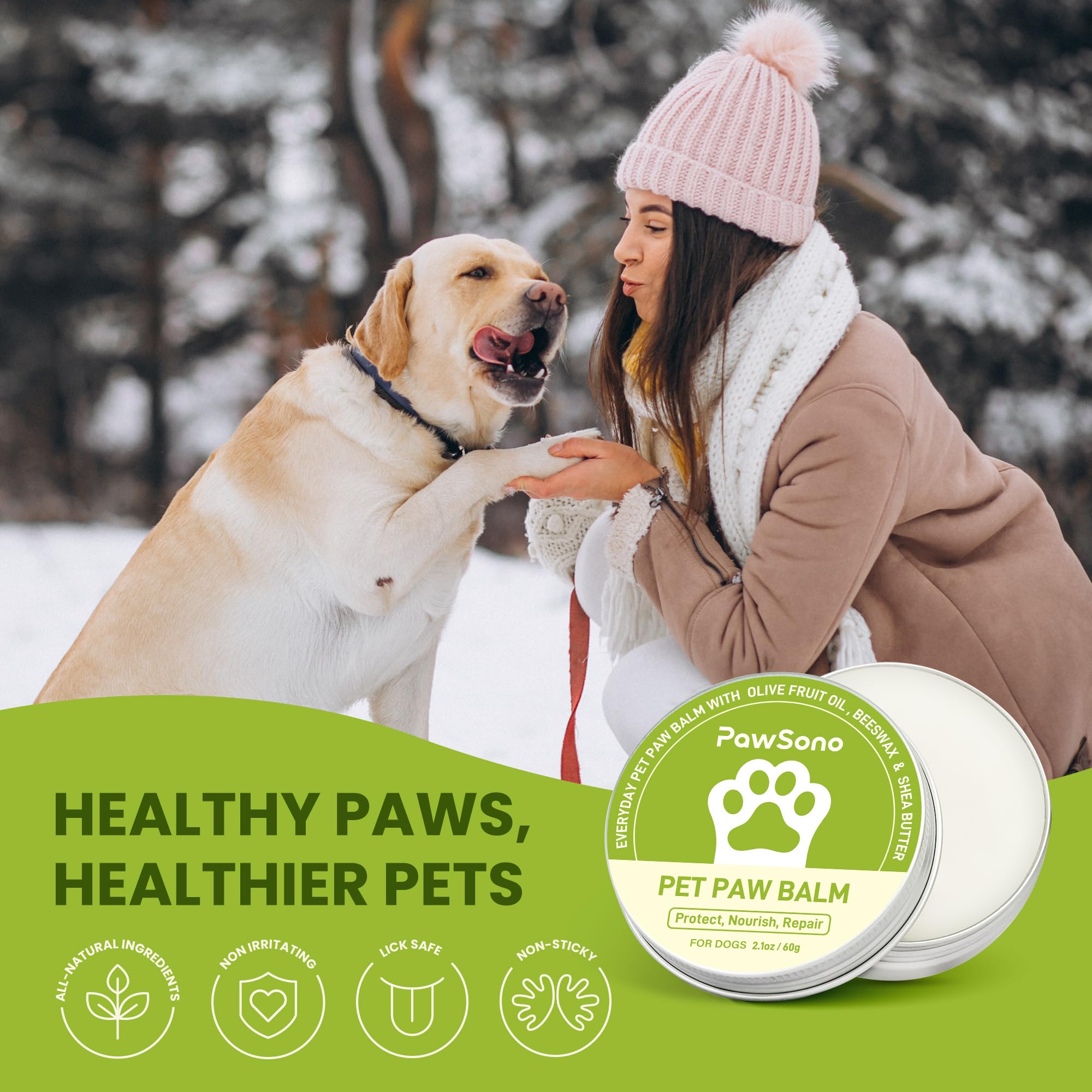 PawSono Lick-Safe Dog Paw Balm for Paws & Nose, All-Natural Paw Pad Moisturizer for Dogs & Cats, Paw Butter Helps Soothe Dry, Cracked Paws, Protects from Snow, Ice Melt & Hot Pavement, 1Pack | 2.1 oz