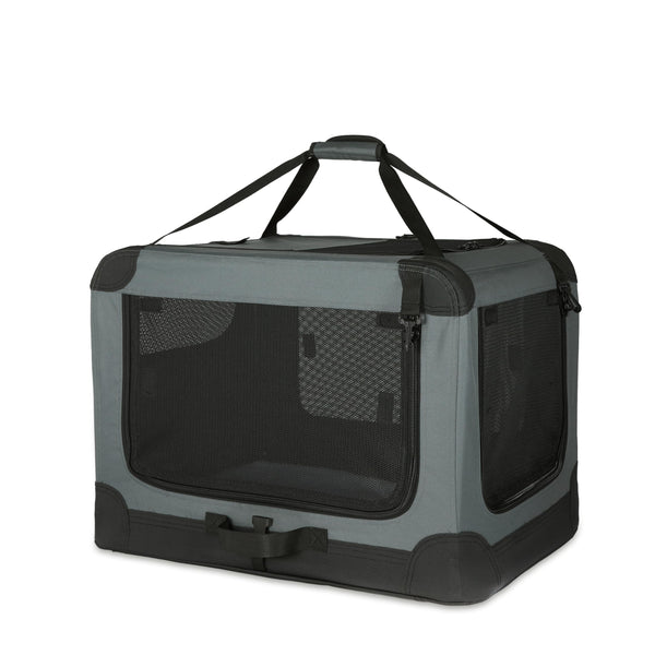 Amazon Basics Portable Folding Soft Dog Crate, 4-Doors, Collapsible Travel Kennel for Cat, Dog, and Small Animals, Quick Setup, Small 26" x 18" x 18", Grey