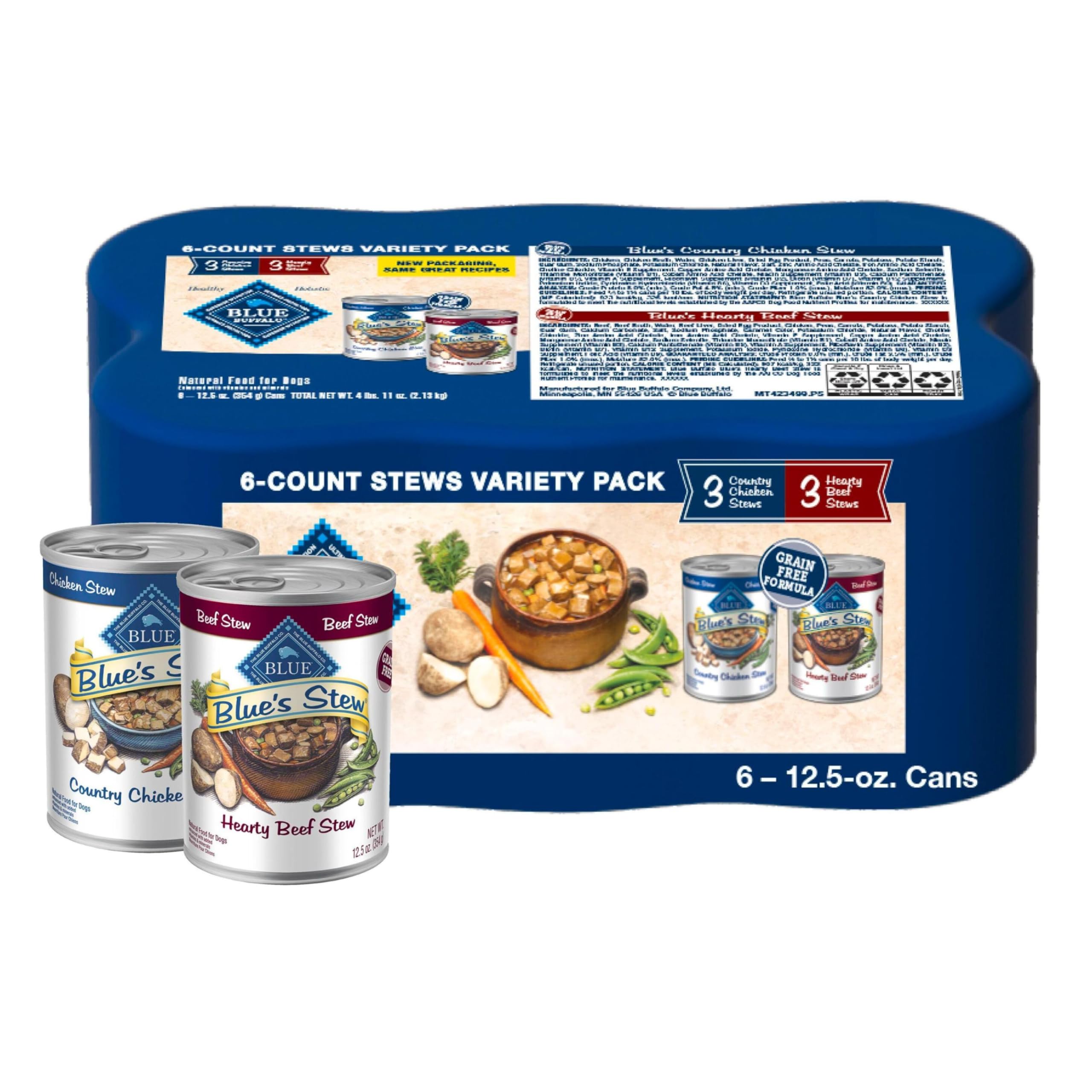 Blue Buffalo Blue's Stew Natural Wet Dog Food, Made with Natural Ingredients, Hearty Beef and Country Chicken Variety Pack, 12.5-oz Cans, 6 Count