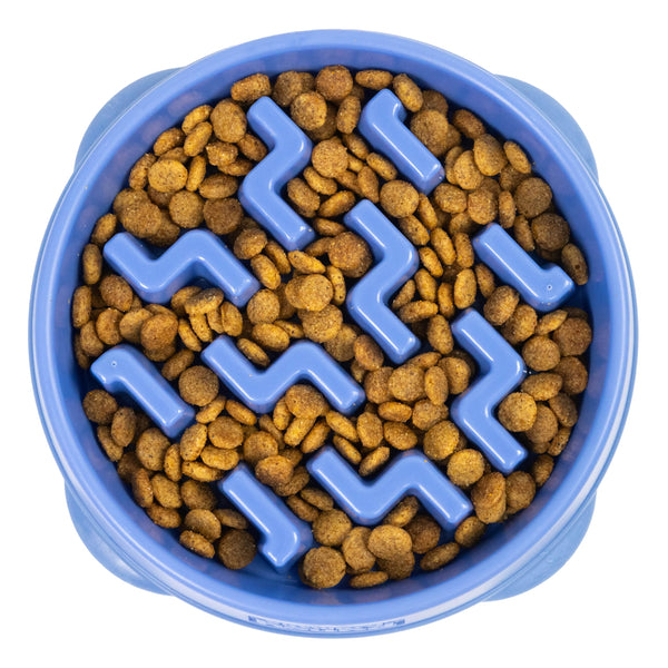 Outward Hound Fun Feeder Slo Bowl – Medium 2‑Cup Capacity, Slow Feeding, Small to Medium Dogs & Cats, Non-Slip, Blue, Notch Pattern