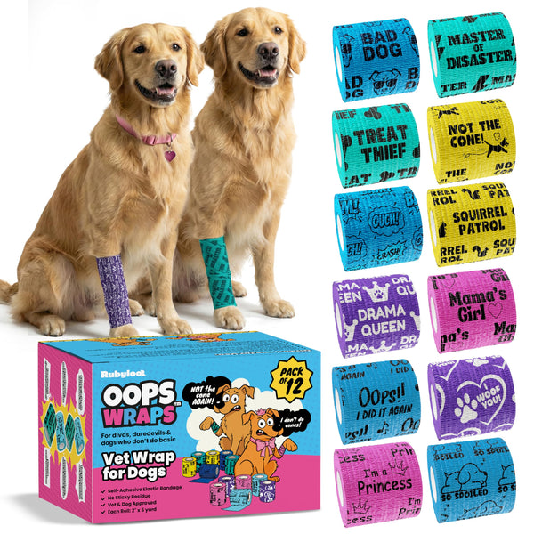 rubyloo Vet Wrap for Dogs – Funny Dog Bandage for Wounds - 12 Pack of 2" Self-Adhesive Vet Tape - Breathable Pet Wrap Bandage for Hot Spots & Injuries, Dog First Aid Kit Supplies - Oops Wraps